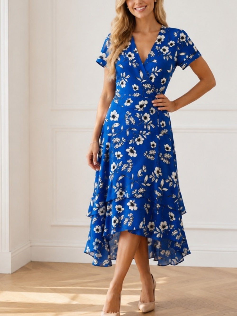 White House Black Market Blue Floral Ruffle Midi Dress Size 12 39895